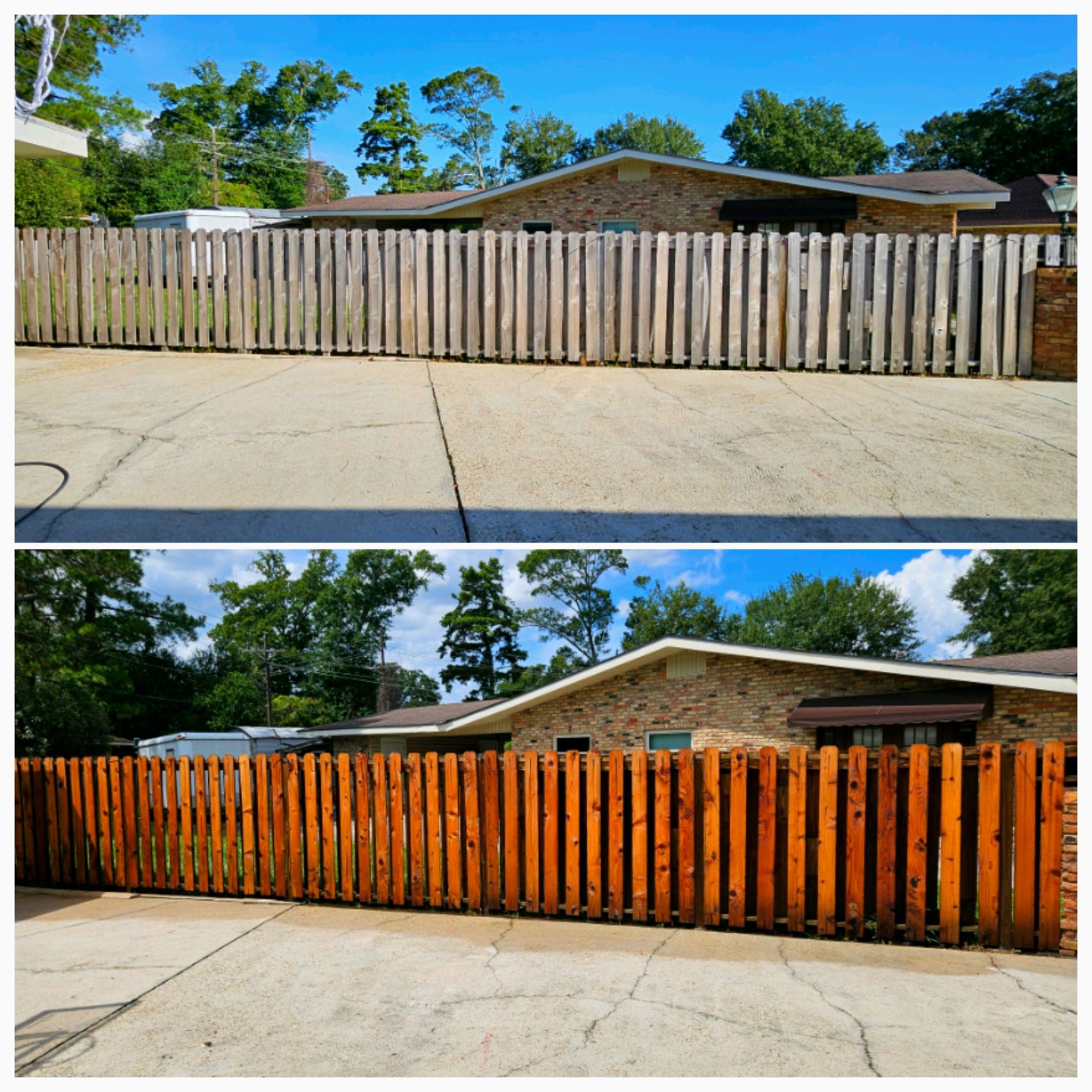 Wood fence cleaning before and after